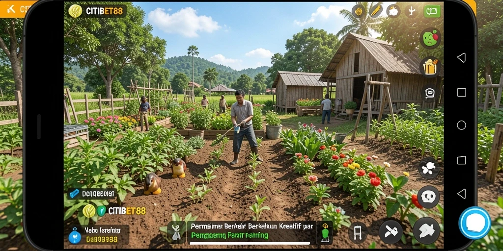Tampilan gameplay CITIBET88 saat mengelola ladang yang subur dan penuh tanaman.