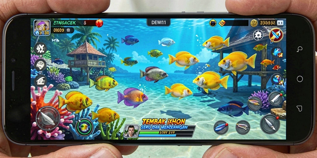 Tampilan gameplay seru di DEWI11 saat menangkap ikan.