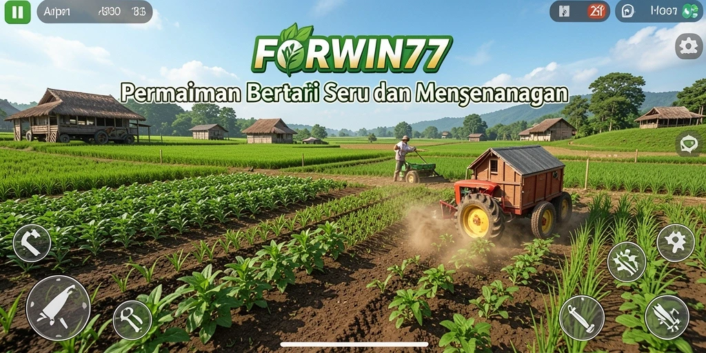 Tampilan menarik dari gameplay FORWIN77 yang menampilkan pertanian yang aktif.