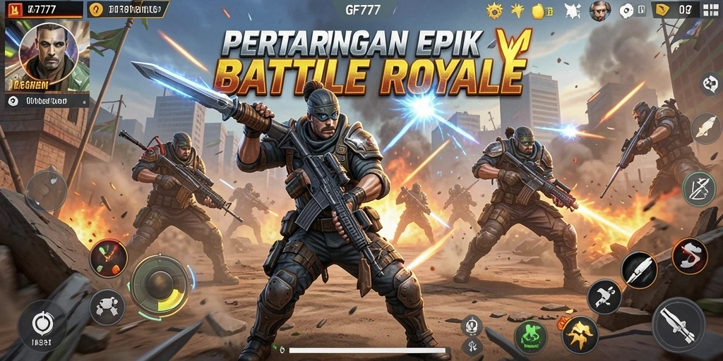 Screenshot gameplay GF777 menampilkan aksi Battle Royale dengan intensitas tinggi.
