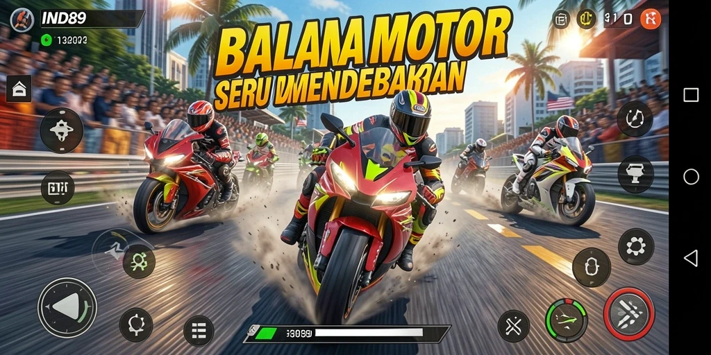 Screenshot IND89 menunjukkan aksi balapan motor yang mendebarkan di lintasan.