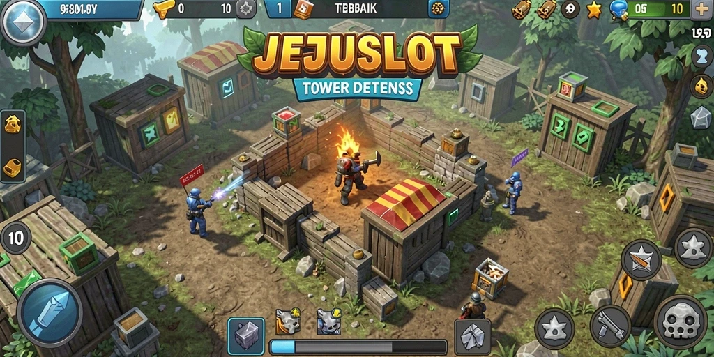 Screenshot utama menampilkan pertarungan seru dalam gameplay Tower Defense.