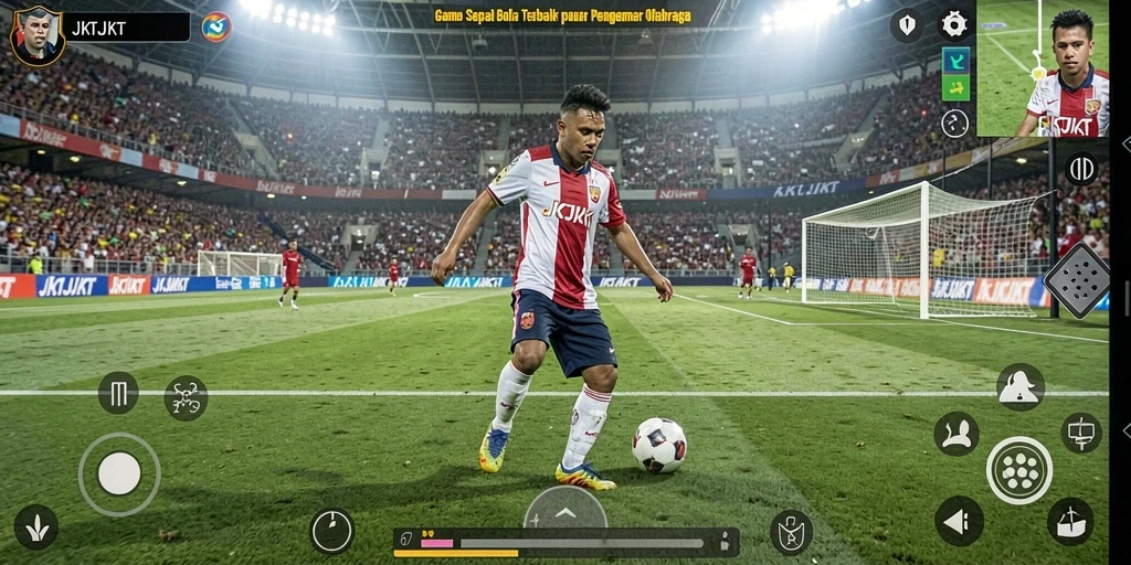 Screenshot menampilkan aksi seru dalam gameplay sepak bola.