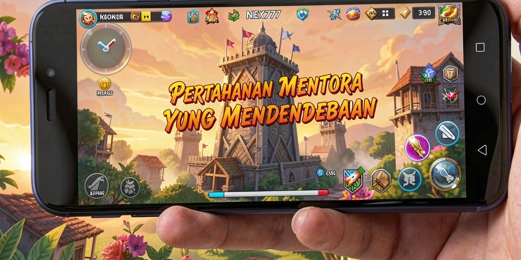 Screenshot gameplay NEX777 menampilkan pertahanan menara yang strategis.