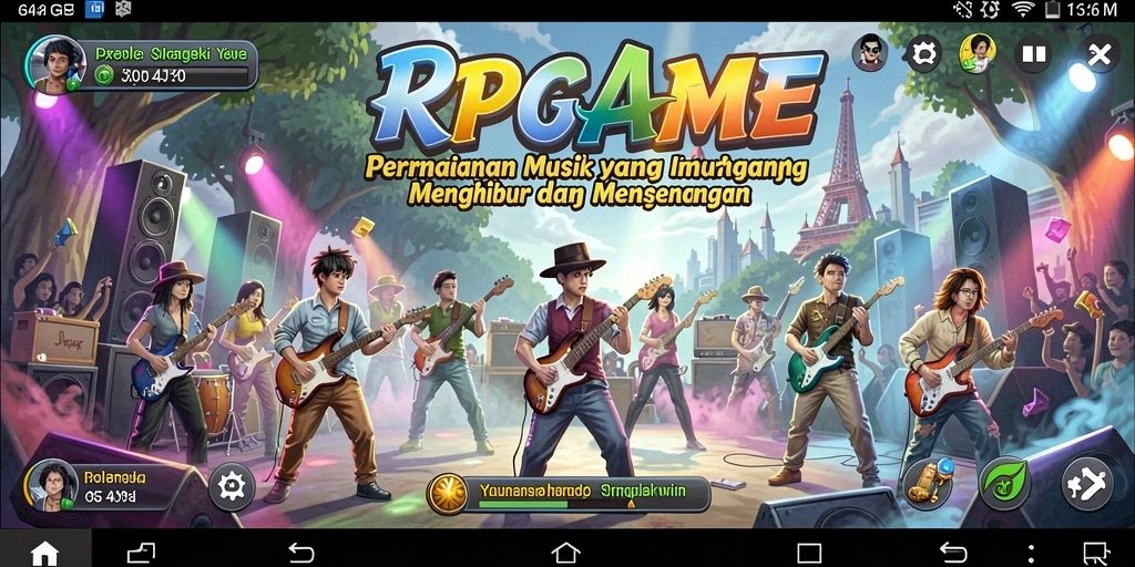 Screenshot RPGAME menunjukkan gameplay interaktif yang seru dengan musik.
